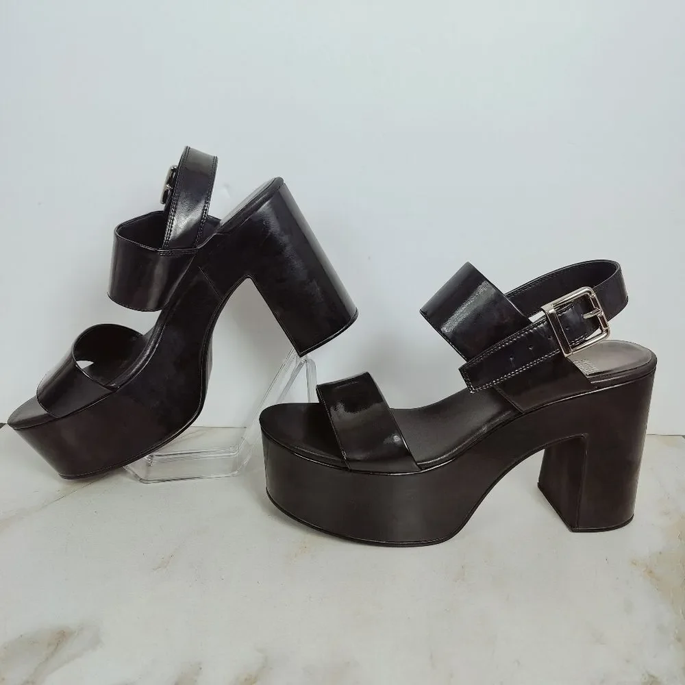 Jeffrey Campbell Moody Black Patent Platform Block Heel Sandals, Sz 9.5